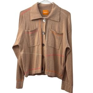 WISPR Women Tan Cotton Silk Blend Embroidered Button Front Cardigan Sweater M